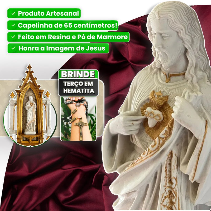 Capelinha Sagrada de Jesus de 65cm (Feito Detalhadamente a Mão) + BRINDE: Terço em Hematita