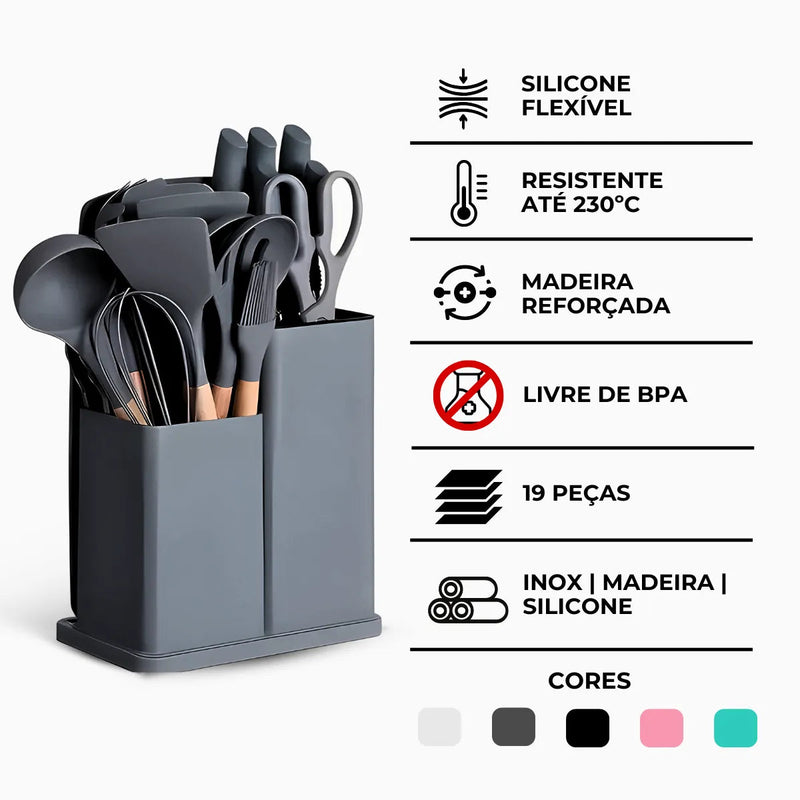 Kit de Cozinha 19 Utensílios em Silicone Premium + Brinde Incluso